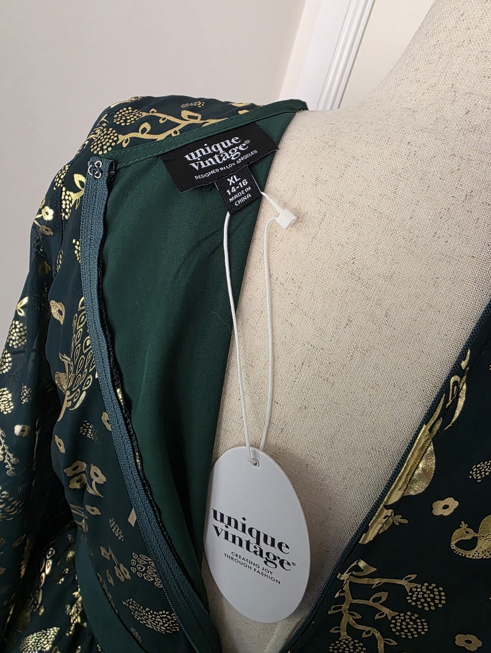 Unique Vintage Brand Green & Gold Foil Peacock Print Empire Waist Maxi Dress - Picture 2 of 9